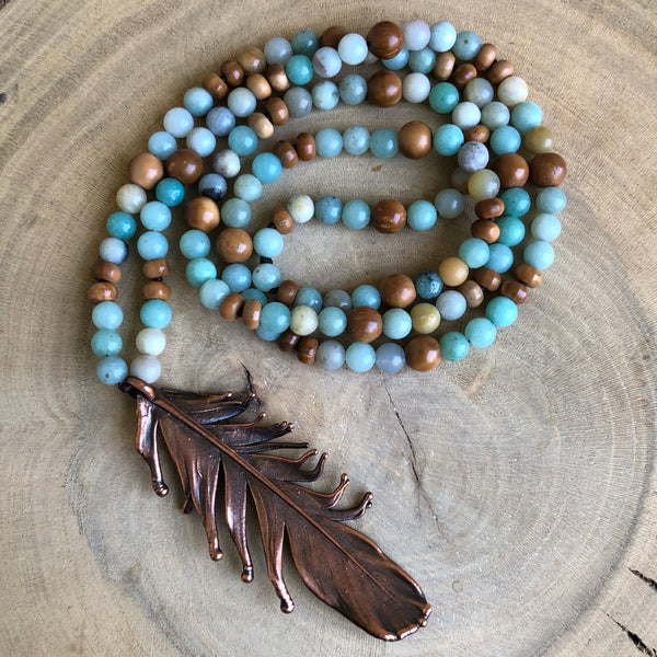 PIGEON FEATHER, AMAZONITE & WOOD BEADS