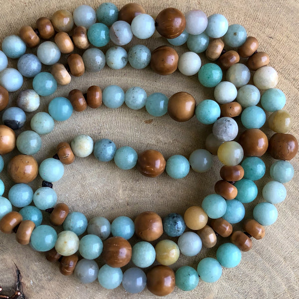 PIGEON FEATHER, AMAZONITE & WOOD BEADS